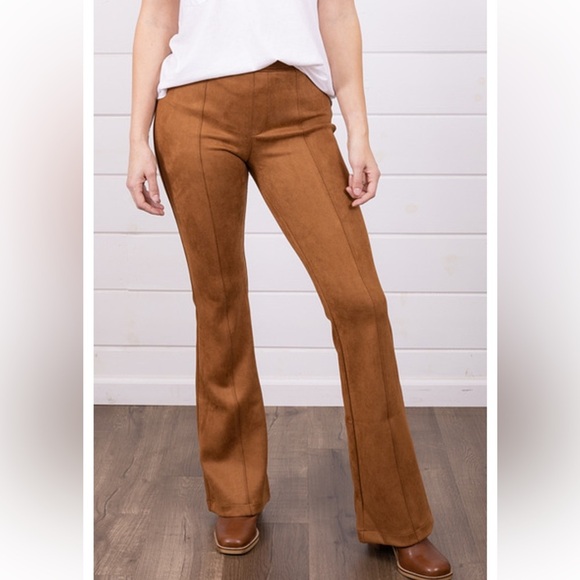 Spanx Women's Small Faux Suede Flare Pants Rich Caramel Festival Concert Stretch - Picture 4 of 13